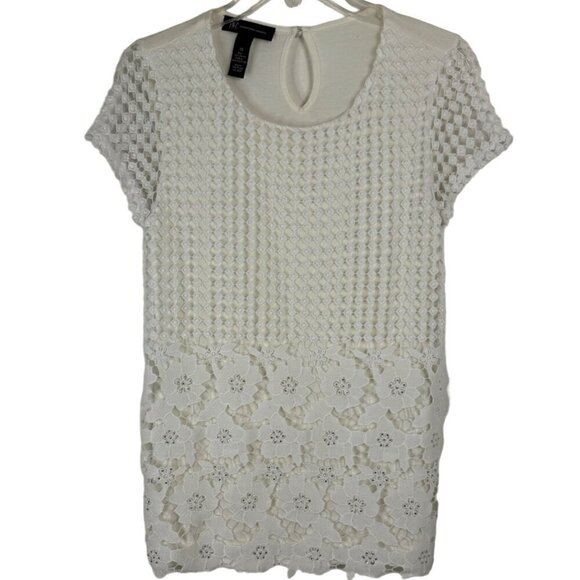 INC Ivory Shirt Crochet Overlay Floral Rhinestone Short Sleeve Rayon Stretch XS - Picture 1 of 11